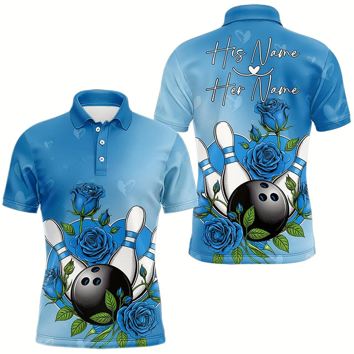 Goofygear Custom Blue Valentine Bowling Polo Shirts For Men, Bowling And Roses Couple Bowling Outfits