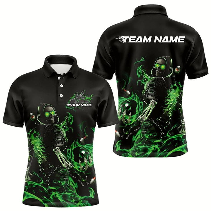 Goofygear Custom Black And Green Flame Skeleton Bowling Polo Shirts For Men, Skull Bowling Jerseys Style 2