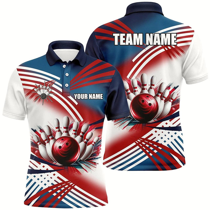 Goofygear Red, White And Blue Mens Bowling Polo Shirts Custom Bowling Ball And Pins Team Bowling Shirts For Men