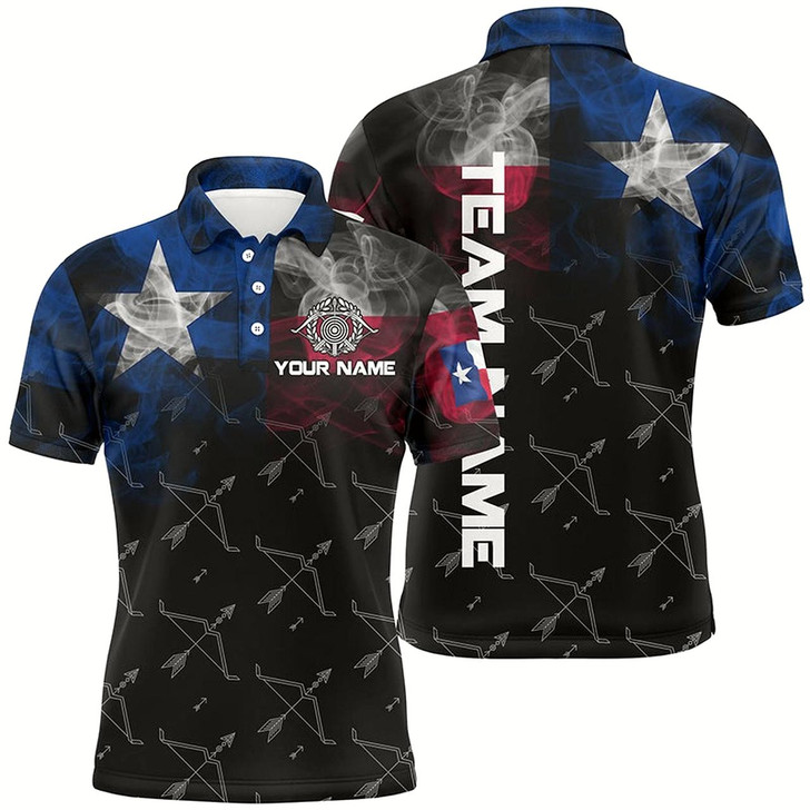 Goofygear Personalized Vintage Smoke Texas Flag Archery Polo Shirts For Men, Archery Bows Pattern Jerseys Style 1
