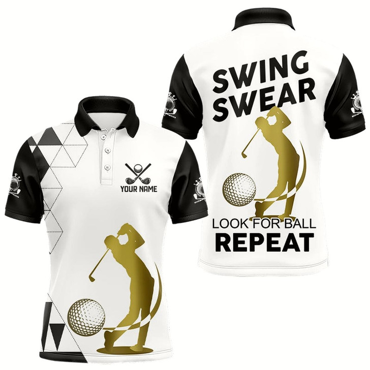 Goofygear Black And White Mens Golf Polo Shirts Custom Swing, Swear, Look For Ball Repeat Golf Tops For Men
