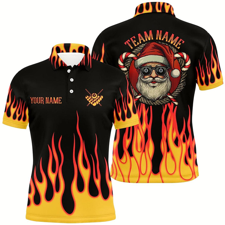 Goofygear Funny Christmas Santa With Flame Custom Billiard Shirts, 8 Ball Pool Men Christmas Polo Shirts