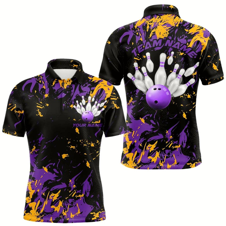 Goofygear Black, Purple And Yellow Custom Bowling Team Men Polo Shirts, Bowling Ball And Pin Jerseys Style 2