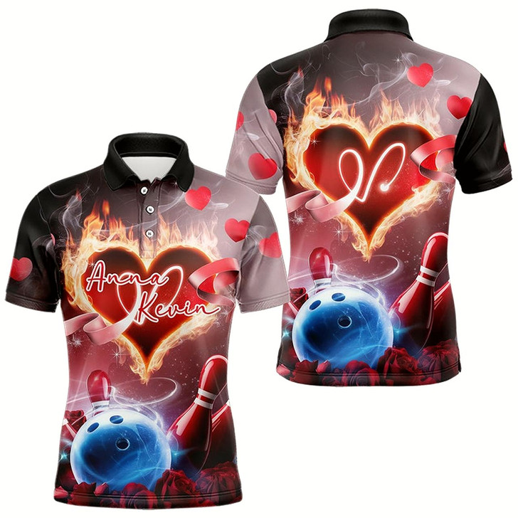 Goofygear Custom Valentines Day Couple Bowling Polo Shirts For Men, Roses And Flame Bowling For Lovers
