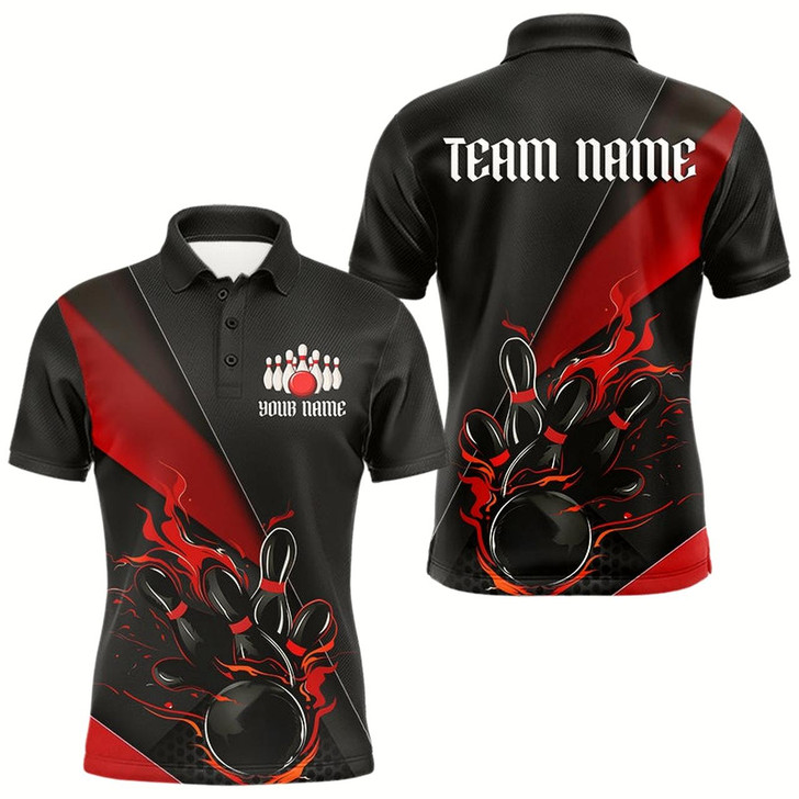 Goofygear Custom Black And Red Flame Duckpin Bowling Team Men Polo Shirts, Duckpin Tournament Outfit Style 2