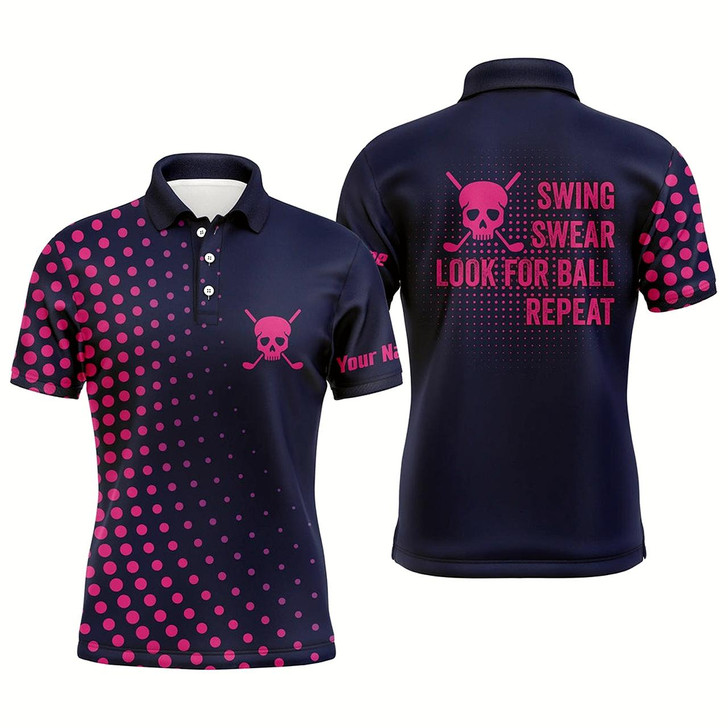Goofygear Funny Men Golf Polo Shirts Custom Swing Swear Look For Ball Repeat Pink Skull Golf Shirts Navy