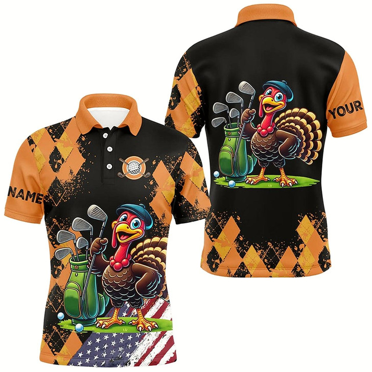 Goofygear Orange Argyle Pattern Thanksgiving Turkey American Flag Mens Golf Polo Shirt Custom Mens Golf Tops