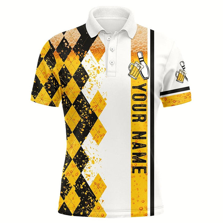 Goofygear Funny Black And Yellow Argyle Bowling Beer Polo Shirts For Men Custom Team Bowling Jerseys For Mens