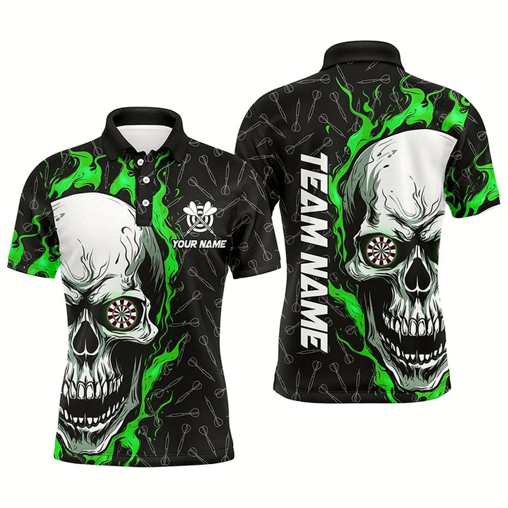 Goofygear Personalized 3D Green Skull Flame Dart Polo Shirts Custom Dart Shirts For Men Dart Jerseys