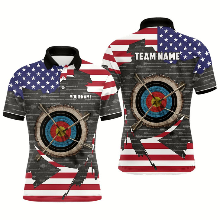 Goofygear Retro Archery 3D Target Personalized Us Flag Polo Shirts For Men, Patriotic Archery Jerseys Shirts