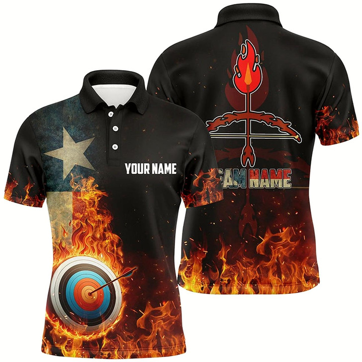 Goofygear Personalized Texas Flag Flaming Target Archery 3D Polo Shirts For Men, Fire Arrow Archery Jerseys