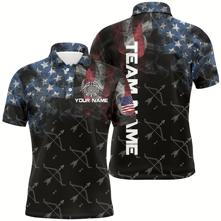 Goofygear Personalized Vintage Smoke Us Flag Archery 3D Polo Shirts For Men, Archery Bows Pattern Jerseys