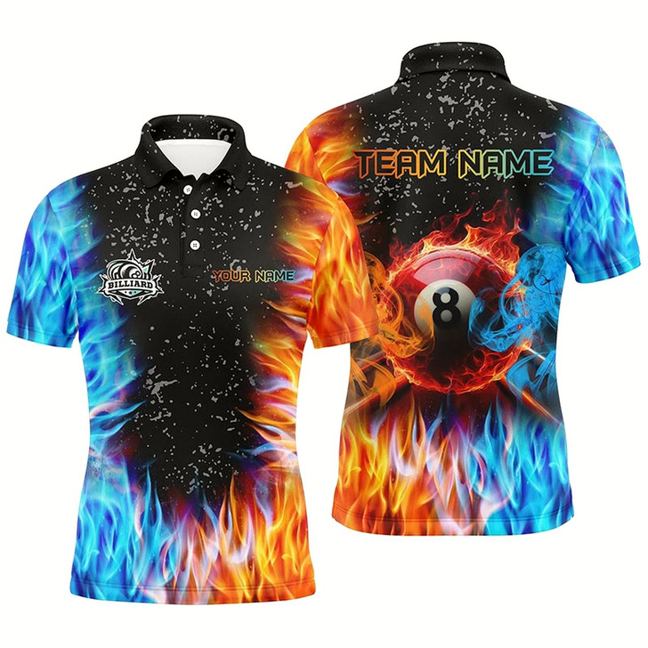 Goofygear Personalized Billiard Fire And Water 3D Printed Men Polo Shirts, Grunge 8 Ball Pool Shirts For Team