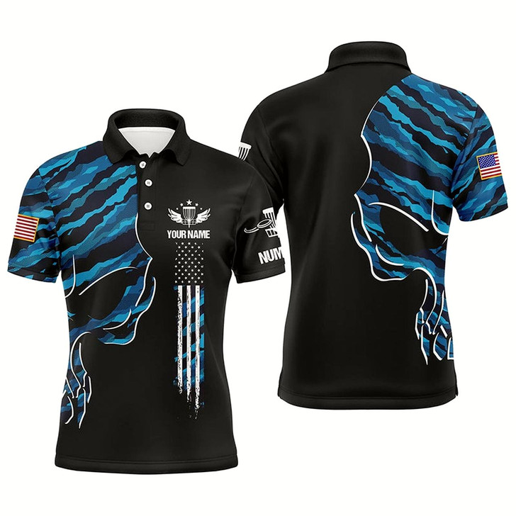 Goofygear Blue Camo Skull Black Us Flag Custom Name, Number Men Disc Golf Polo Shirts, Disco Golf Outfit For Men Style 1