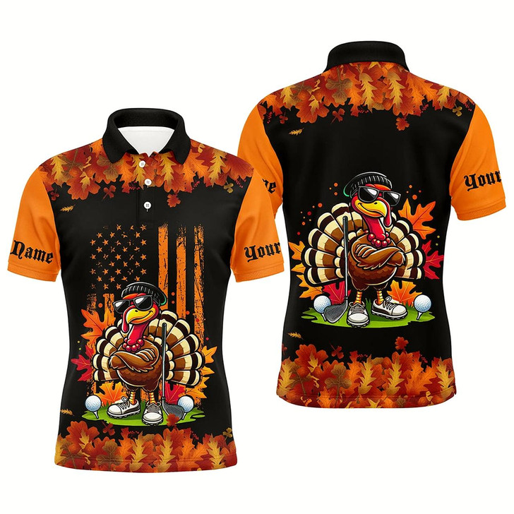 Goofygear Black And Orange Autumn American Flag Thanksgiving Turkey Custom Men Golf Polo Shirts Unique Golf Gift