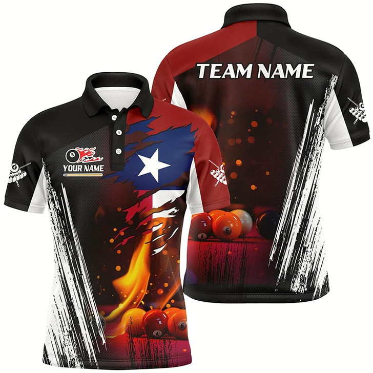 Goofygear Patriotic Texas Flag Billiard Balls Fire Flame Custom Billiard Men Polo Shirt, Billiard Team Jersey