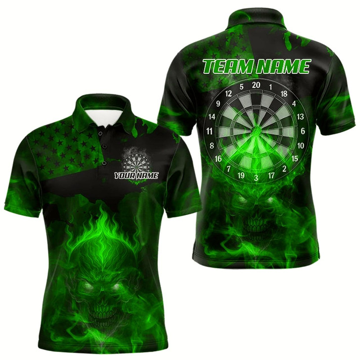 Goofygear Us Flag & Skull Custom Patriotic Green Dart Polo Shirts For Men, Dart Team Jerseys Style 1