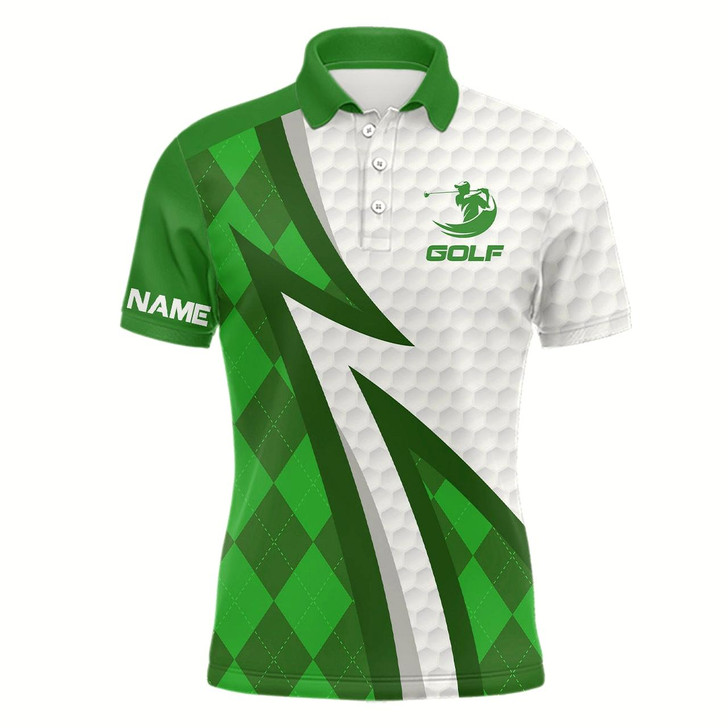 Goofygear Mens Golf Polo Shirts Custom Name Green Argyle Pattern White Golf Ball Skin Mens Golf Wears