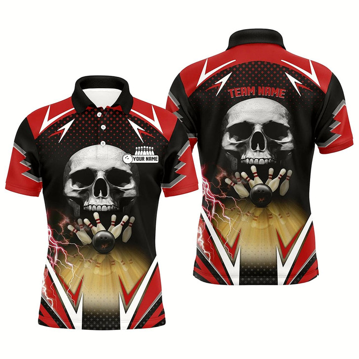 Goofygear Red And Black Bowling Skull Polo Shirts For Men Custom Bowling Ball Pins Team League Jerseys