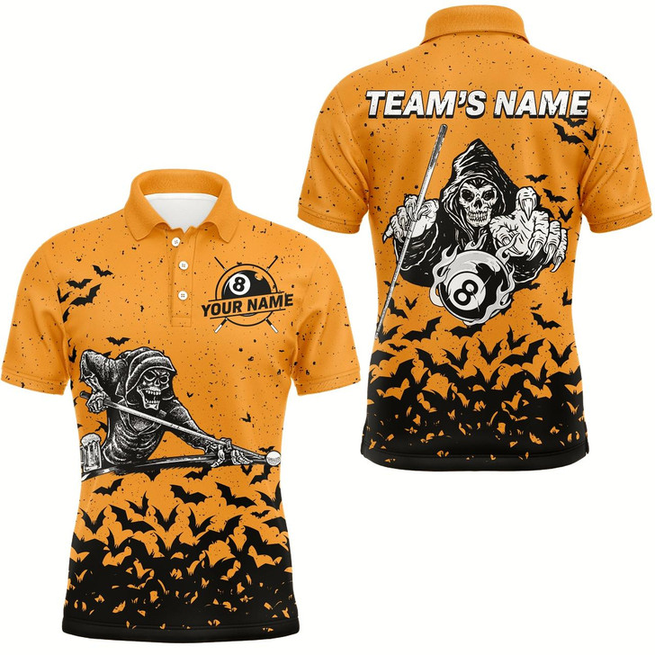 Goofygear Custom Name Orange Skeleton Billiard Polo Shirts For Men Best Halloween Billiard Gifts For Player