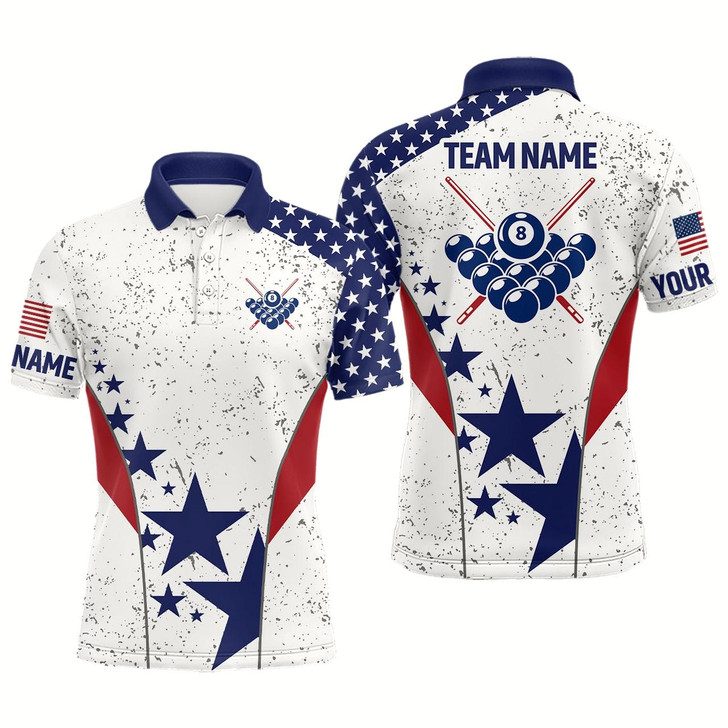 Goofygear Personalized Vintage Usa Flag Billiard Polo Shirts For Men, Custom Patriotic 8 Ball Billiard Jersey