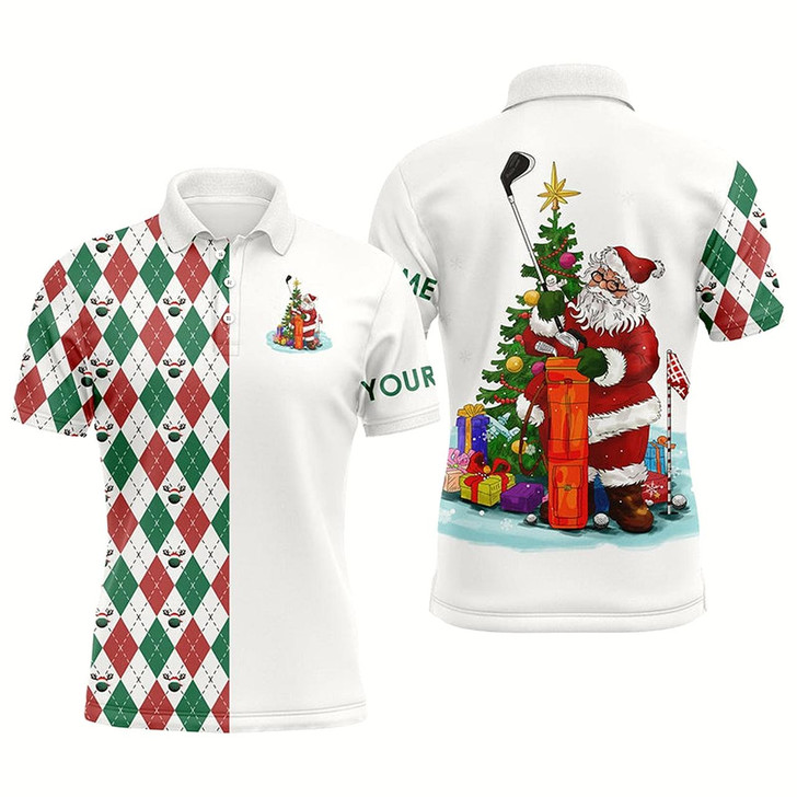 Goofygear Funny Santa Golfer Mens Golf Polo Shirts Custom Name Christmas Golf Ball Pattern, Christmas Golf Gifts Style 1