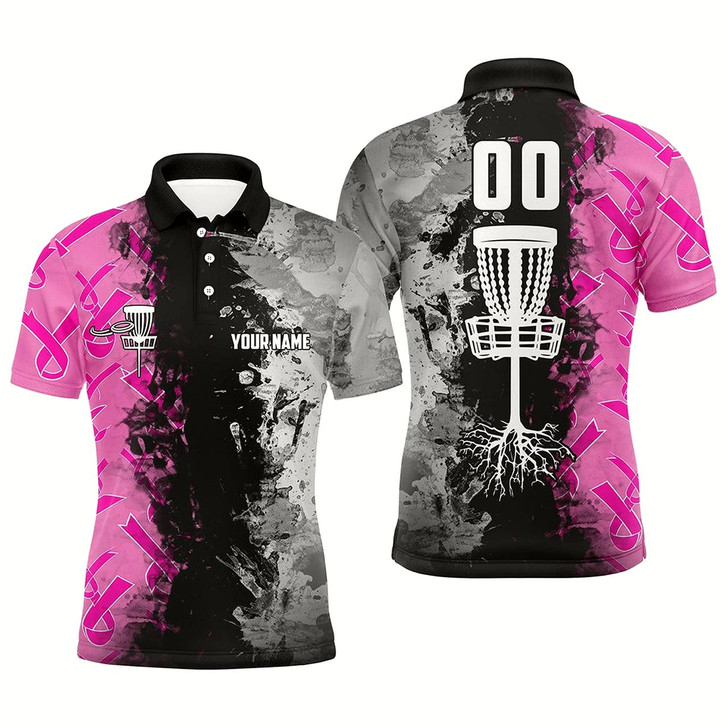 Goofygear Custom Name, Number Disc Golf Basket Men Polo Shirts, Pink Ribbons Breast Cancer Ladies Disc Golf Tops