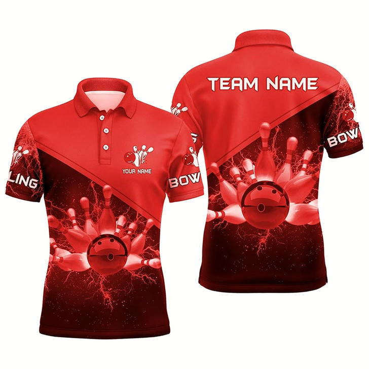 Goofygear Mens Polo Bowling Shirts Custom Red Lightning Thunder Bowling Team Jersey, Gift For Team Bowlers Style 2