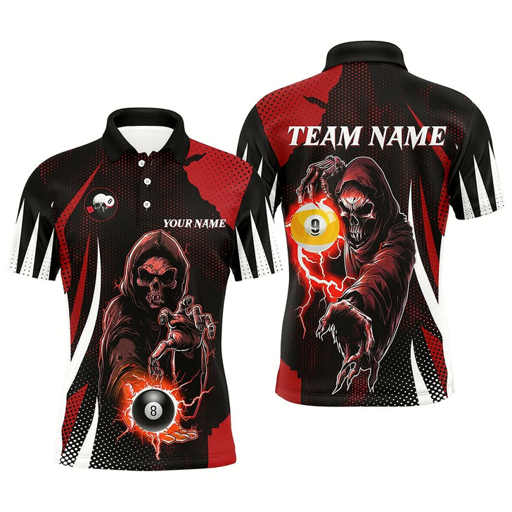 Goofygear Funny Red Death Skeleton With Billiard 8 Ball & 9 Ball Men Polo Shirts Custom Billiard Team Jersey Style 1