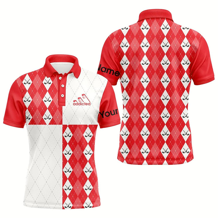 Goofygear Golf Addicted Mens Golf Polo Shirts Custom Red And White Golf Ball Clubs Argyle Plaid Pattern Golf