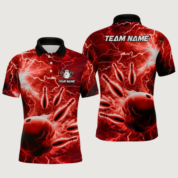 Goofygear Mens Polo Bowling Shirts Custom Red Lightning Thunder Bowling Team Jersey, Gift For Team Bowlers Style 4