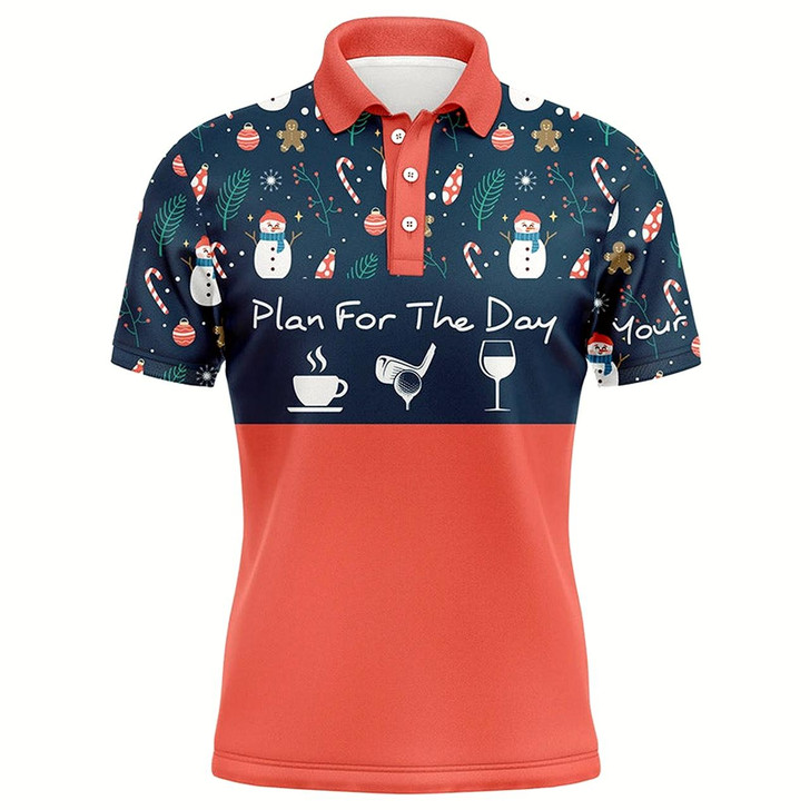 Goofygear Funny Mens Golf Polo Shirts Christmas Pattern Snowman Custom Name Plan For The Day Coffee Golf Wine Style 2