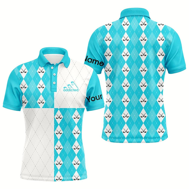 Goofygear Golf Addicted Mens Golf Polo Shirts Custom Cyan Blue And White Golf Ball Clubs Argyle Plaid Pattern