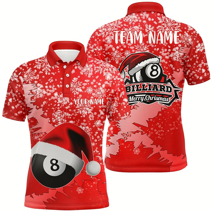 Goofygear Personalized Merry Christmas 8 Ball Pool Billiards Polo Shirts For Men, Christmas Billiards Shirts