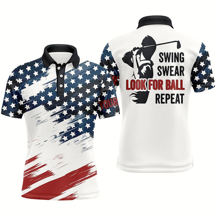 Goofygear American Flag Mens Golf Polos Shirts Custom Name Patriot Golf Gifts, Swing Swear Look For Ball Repeat Style 2