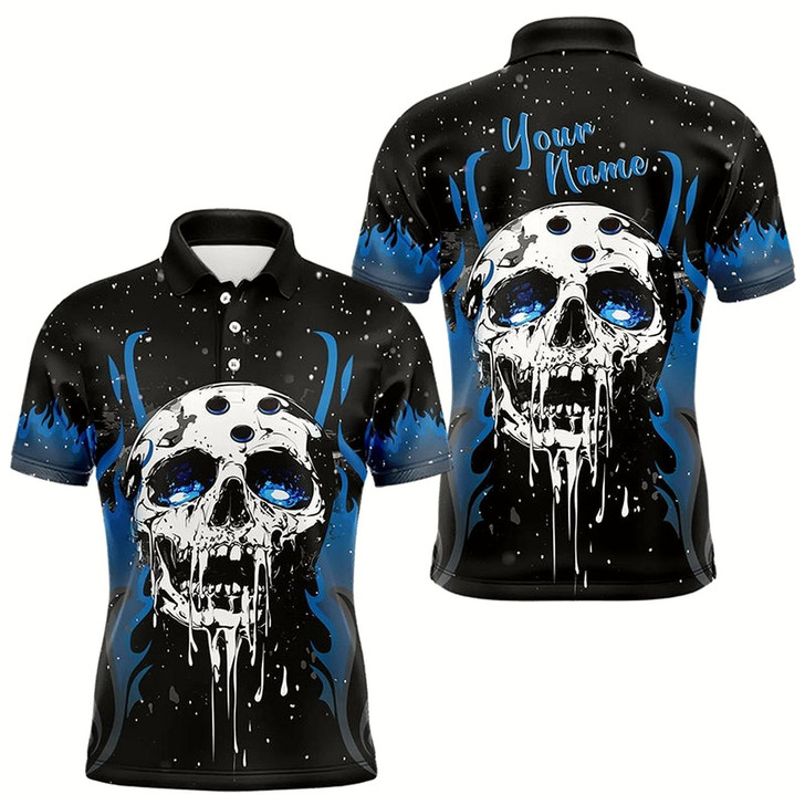 Goofygear Custom Black And Blue Flame Galaxy Skull Bowling Shirts For Men, Skull Bowling Team Shirts Uniform