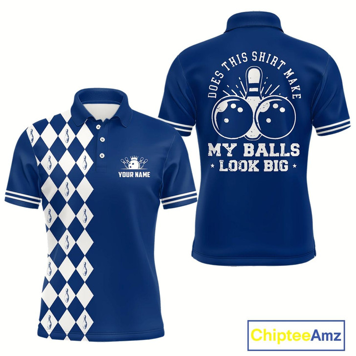Goofygear Funny Blue And White Argyle Retro Bowling Shirt For Men Custom Does This Shirt Make My Balls Look Big