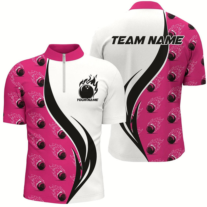 Goofygear Custom Flame Bowling Polo Shirts For Men, Bowling Team Uniforms With Name Pink