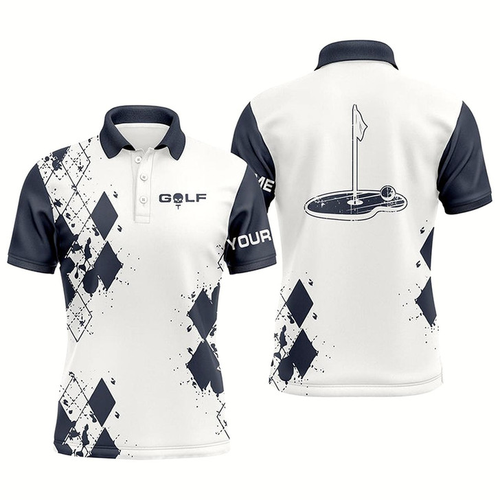 Goofygear Funny White Mens Golf Polos Shirts Custom Name Blue Argyle Pattern Cool Golf Gifts