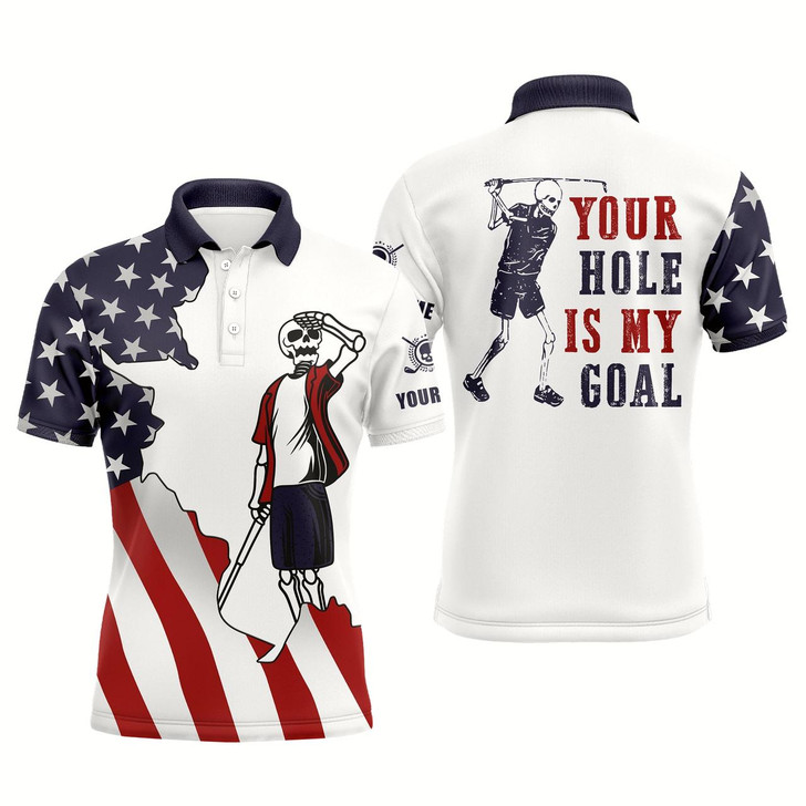 Goofygear American Flag Patriotic Mens Golf Polos Shirts Custom Name Funny Golf Skull Your Hole Is My Goal