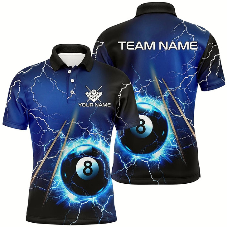 Goofygear Personalized Thunder Lighting Blue 8 Ball Billiards Polo Shirts For Men Custom 8 Ball Pool Jerseys