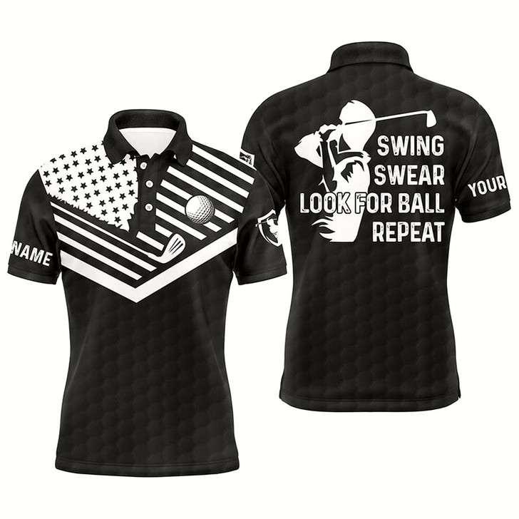 Goofygear Swing Swear Look For Ball Repeat American Flag Custom Name Team Golf Polo Shirts Black