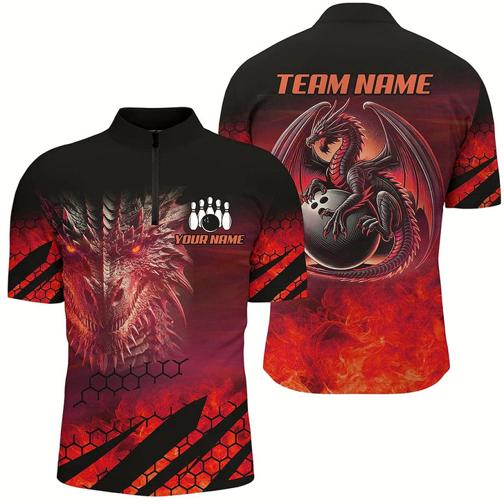 Goofygear Black And Red Custom Dragon Flame Bowling Shirts For Men, Dragon Fire Bowling Team Shirts