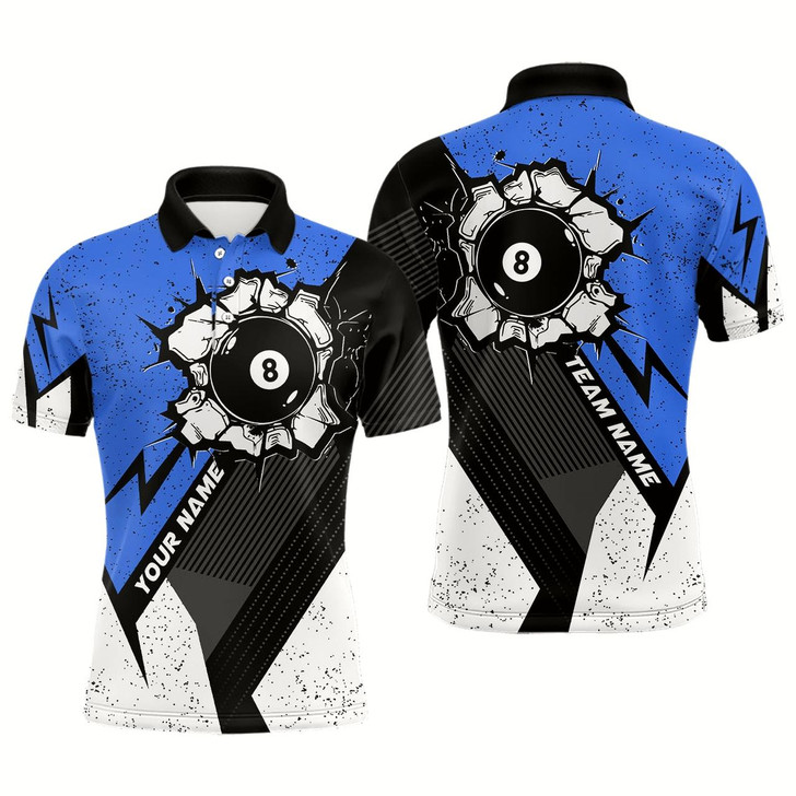 Goofygear Personalized Style Blue Grunge 8 Ball Billiard 3D Polo Shirts For Men, 8 Ball Pool Team Jerseys