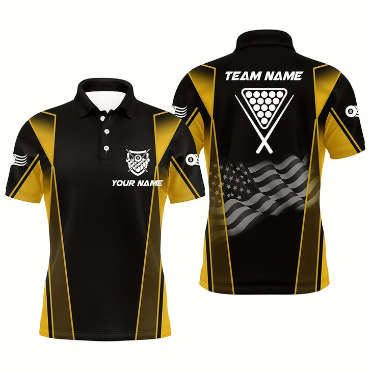 Goofygear Personalized Us Flag 8 Ball Pool 3D Polo Shirts For Men, Style Black Yellow Billiard Balls Jerseys