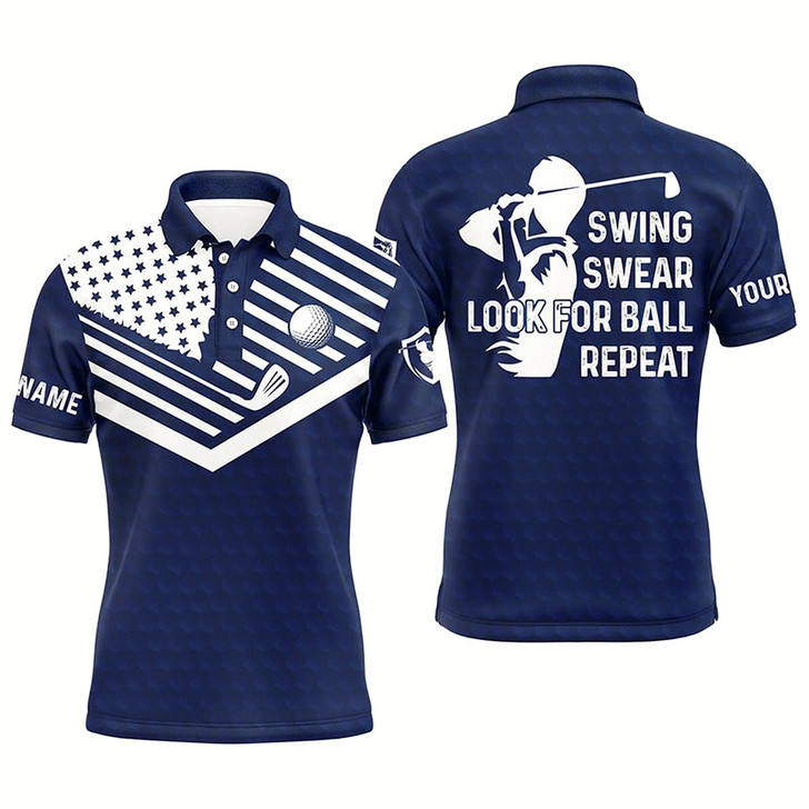 Goofygear Swing Swear Look For Ball Repeat American Flag Custom Name Team Golf Polo Shirts Navy Blue