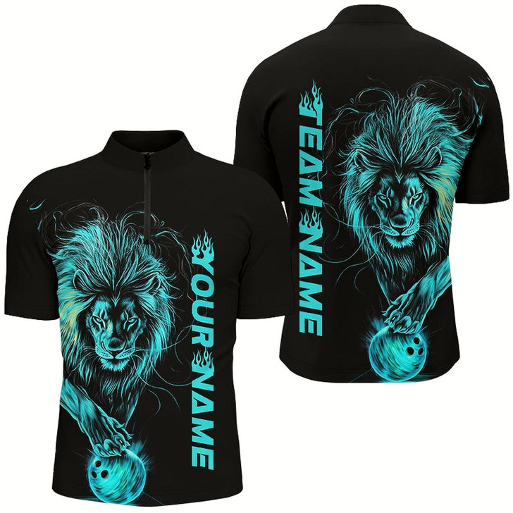 Goofygear Blue Lion Custom Bowling Short Sleeve Shirts For Men, Lion Bowling Team Shirt Bowler Outfits Style 1