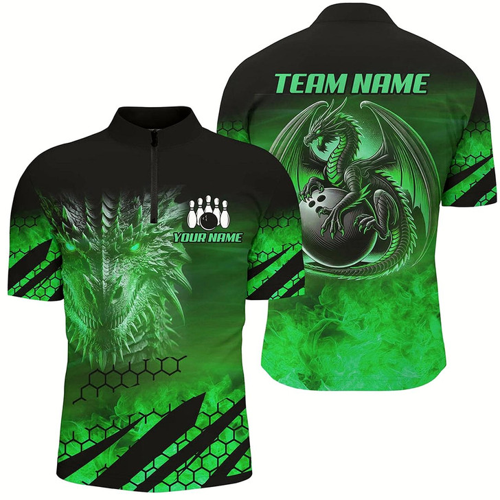 Goofygear Black And Green Custom Dragon Flame Bowling Shirts For Men, Dragon Fire Bowling Team Shirts