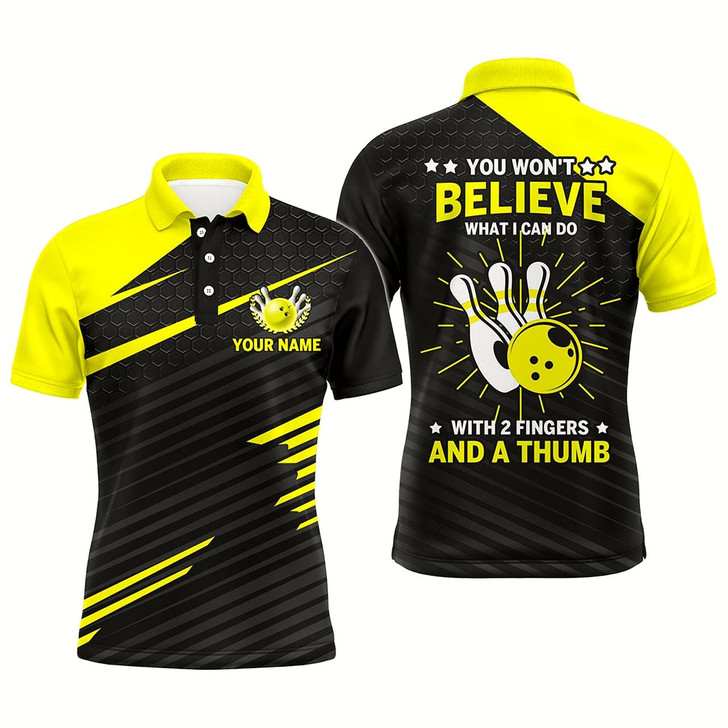 Goofygear Funny Bowling Polo Shirt For Men, Yellow & Black Custom Bowling Jersey, 2 Fingers And A Thumb Style 2