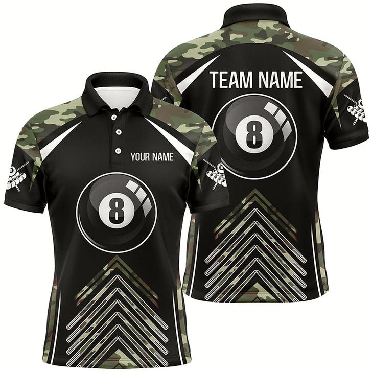 Goofygear Personalized Camo Black Billiard 8 Ball Pool Polo Shirts For Men, Custom Name Billiards Jerseys Style 6